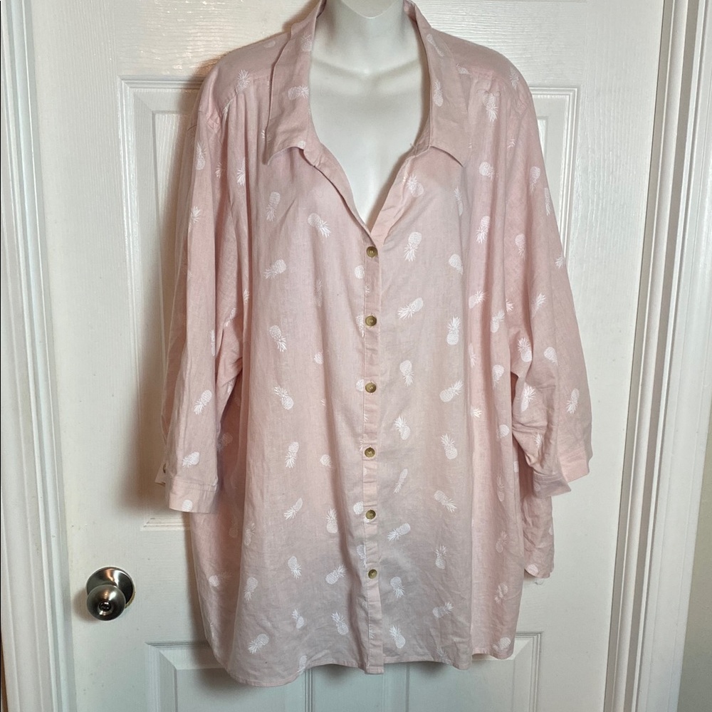 Catherines Pink Linen-Cotton Blend Shirt Button Down White Pineapples Plus Size